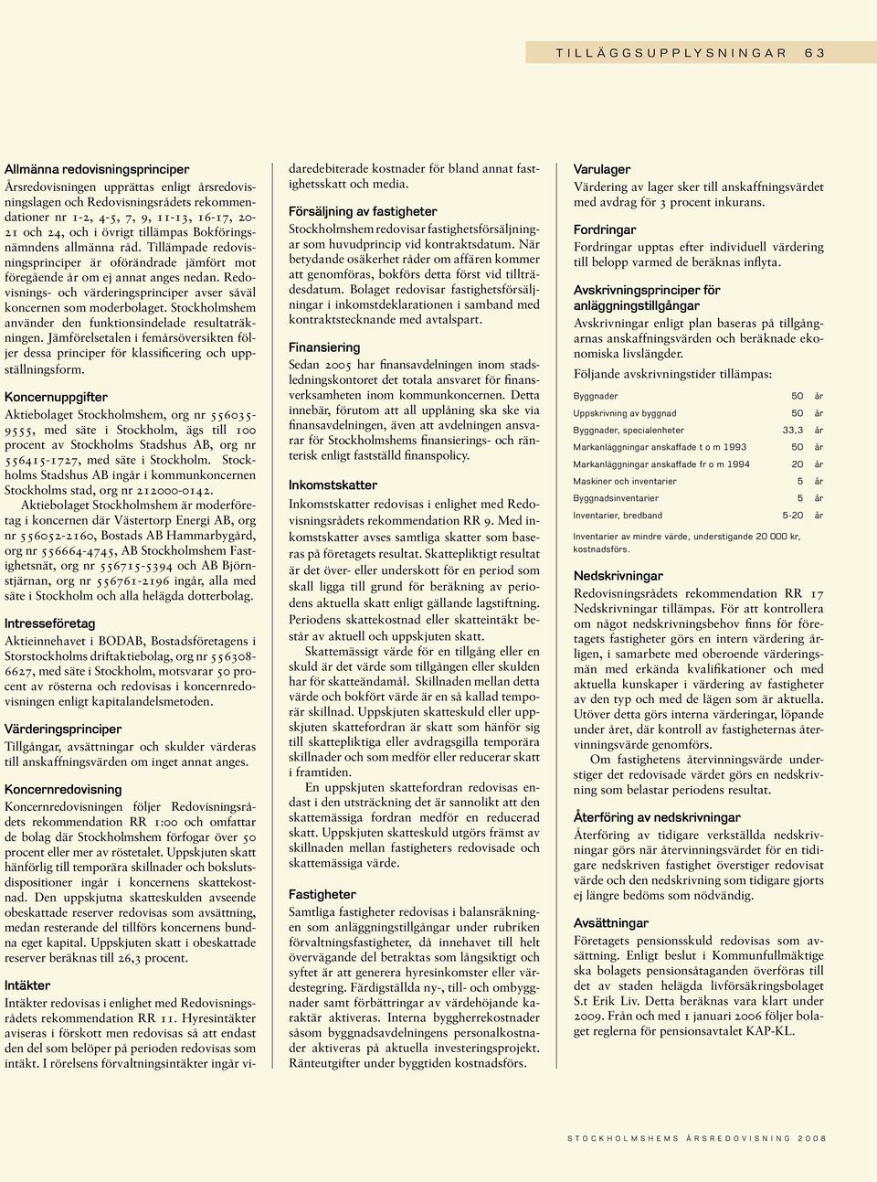 Redovisnings- och värderingsprinciper avser såväl koncernen som moderbolaget. Stockholmshem använder den funktionsindelade resultaträkningen.