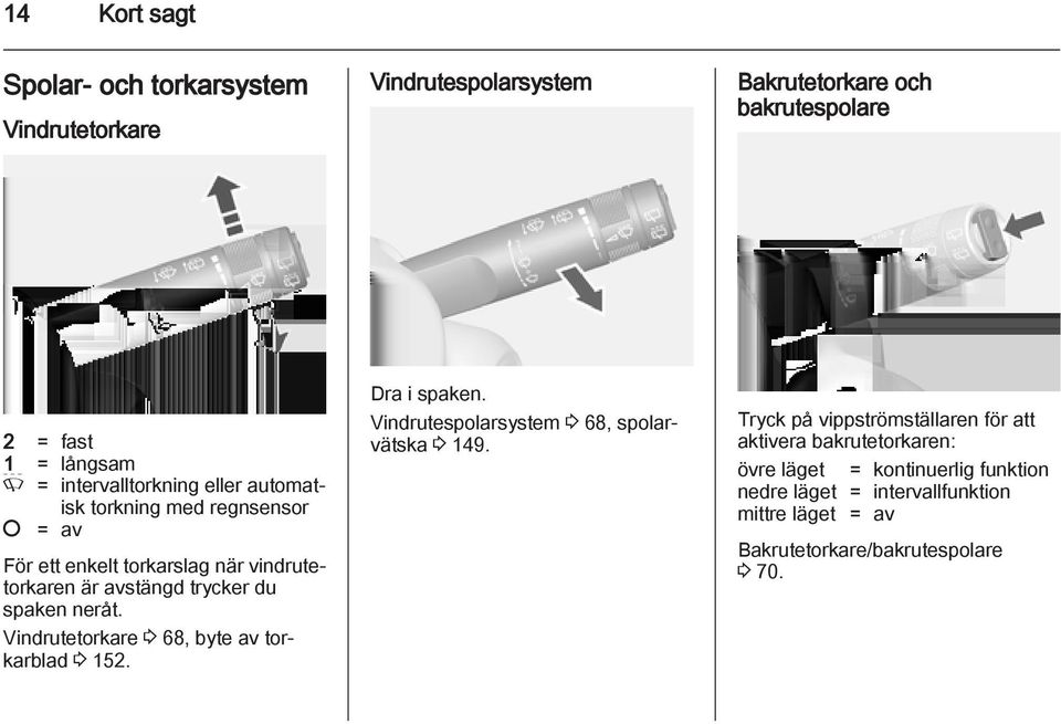 neråt. Vindrutetorkare 3 68, byte av torkarblad 3 152. Dra i spaken. Vindrutespolarsystem 3 68, spolarvätska 3 149.