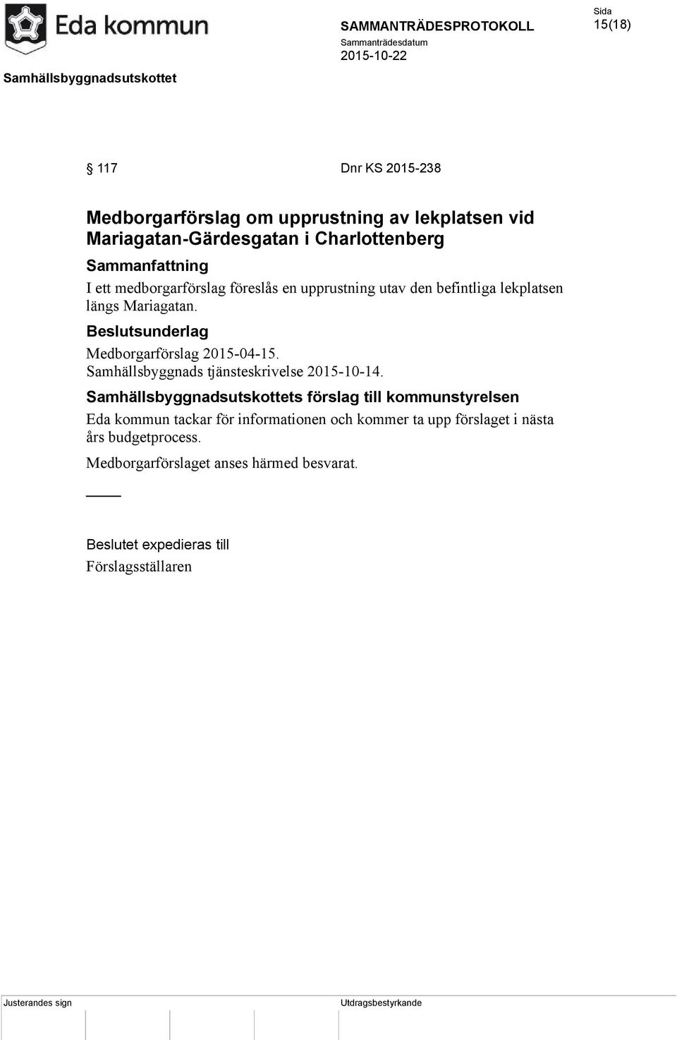 Samhällsbyggnads tjänsteskrivelse 2015-10-14.