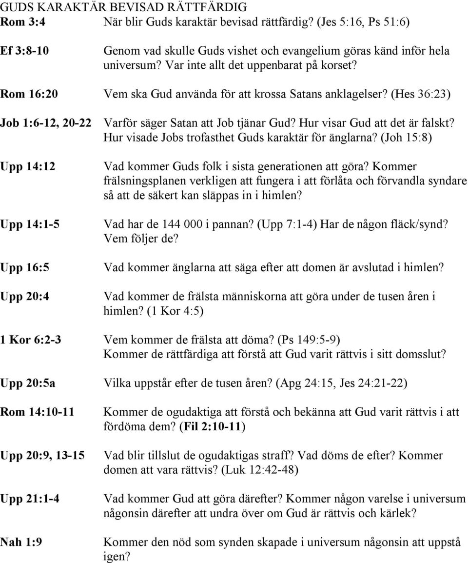 Hur visar Gud att det är falskt? Hur visade Jobs trofasthet Guds karaktär för änglarna? (Joh 15:8) Upp 14:12 Upp 14:1-5 Upp 16:5 Upp 20:4 Vad kommer Guds folk i sista generationen att göra?