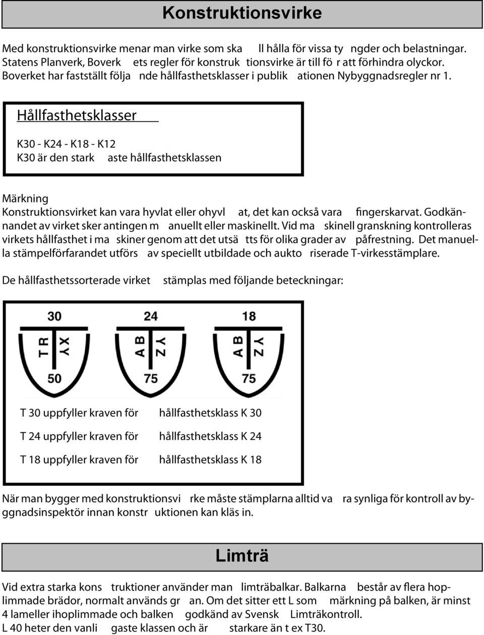 Hållfasthetsklasser K30 - K24 - K18 - K12 K30 är den stark aste hållfasthetsklassen Märkning Konstruktionsvirket kan vara hyvlat eller ohyvl at, det kan också vara fingerskarvat.