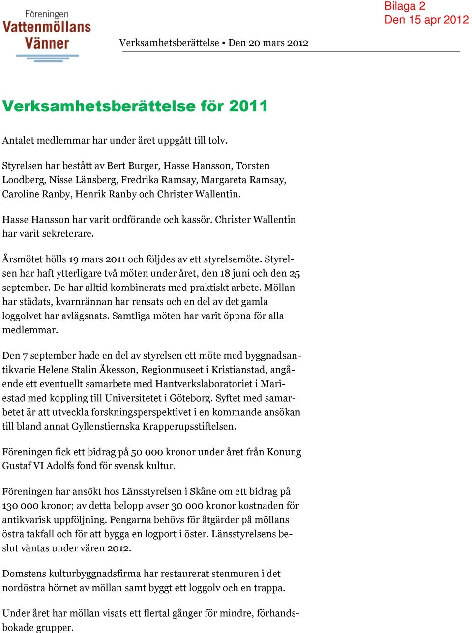 Hasse Hansson har varit ordförande och kassör. Christer Wallentin har varit sekreterare. Årsmötet hölls 19 mars 2011 och följdes av ett styrelsemöte.