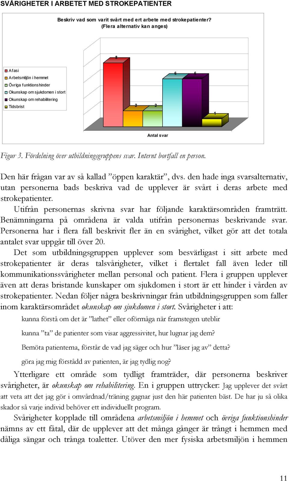 Fördelning över utbildningsgruppens svar. Internt bortfall en person. Den här frågan var av så kallad öppen karaktär, dvs.