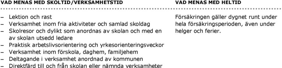 Verksamhet inom förskola, daghem, familjehem Deltagande i verksamhet anordnad av kommunen Direktfärd till och från skolan