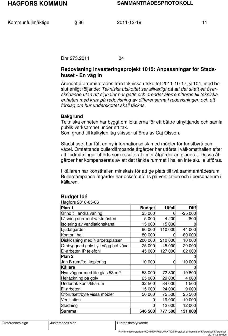 ser allvarligt på att det skett ett överskridande utan att signaler har getts och ärendet återremitteras till tekniska enheten med krav på redovisning av differenserna i redovisningen och ett förslag