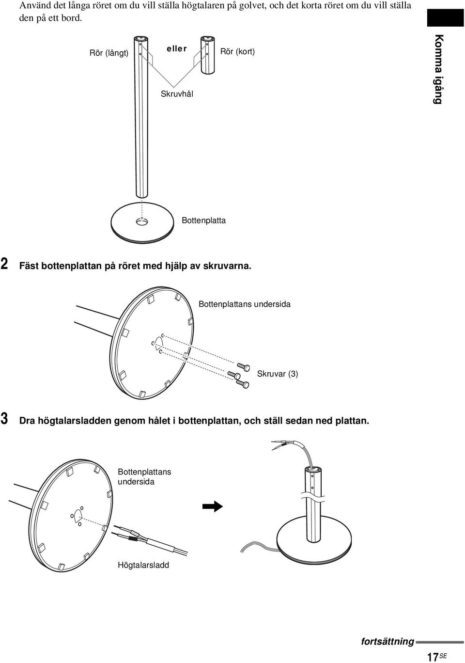 Rör (långt) eller Skruvhål Rör (kort) Komma igång Bottenplatta 2 Fäst bottenplattan på röret med hjälp