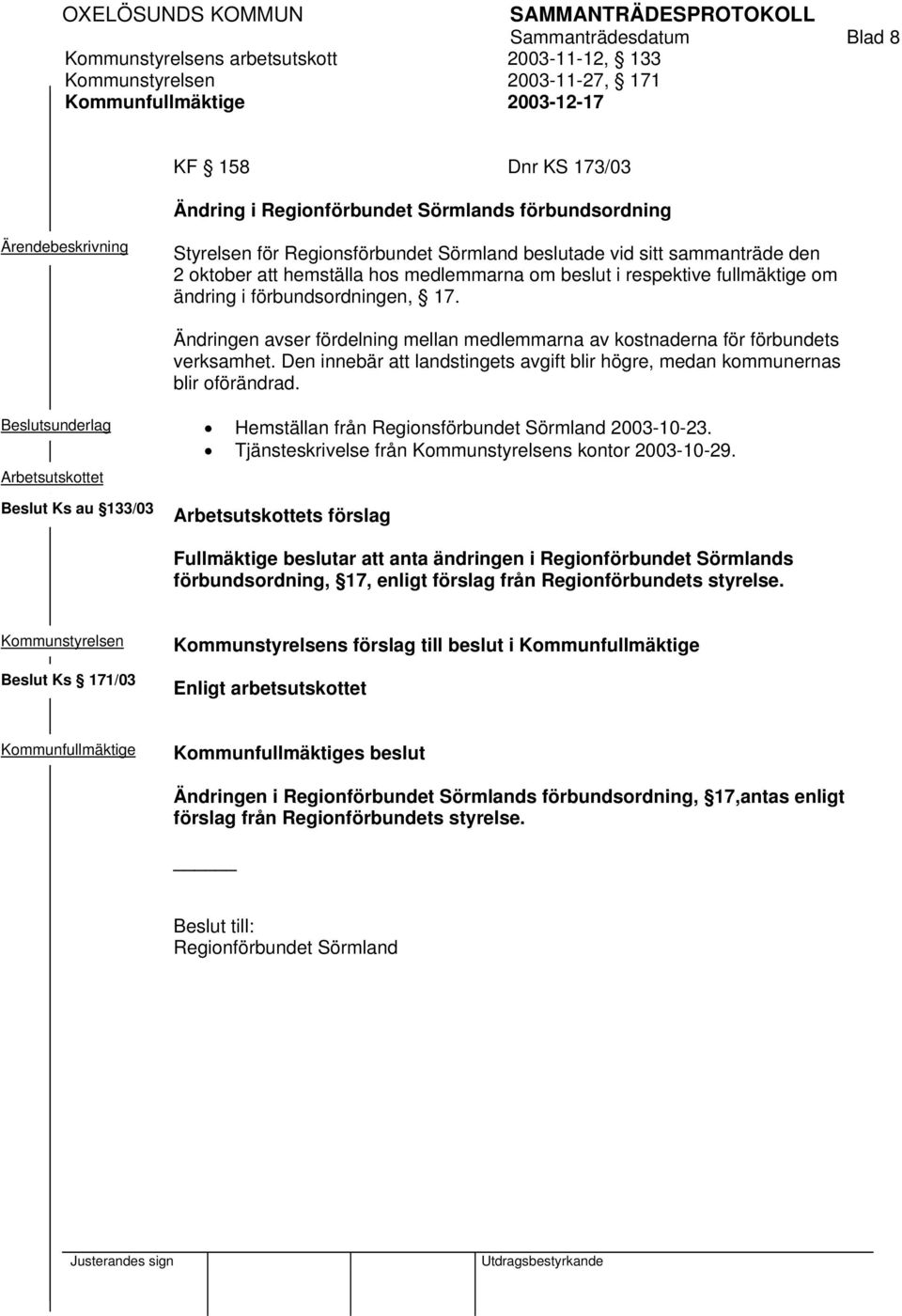 Ändringen avser fördelning mellan medlemmarna av kostnaderna för förbundets verksamhet. Den innebär att landstingets avgift blir högre, medan kommunernas blir oförändrad.