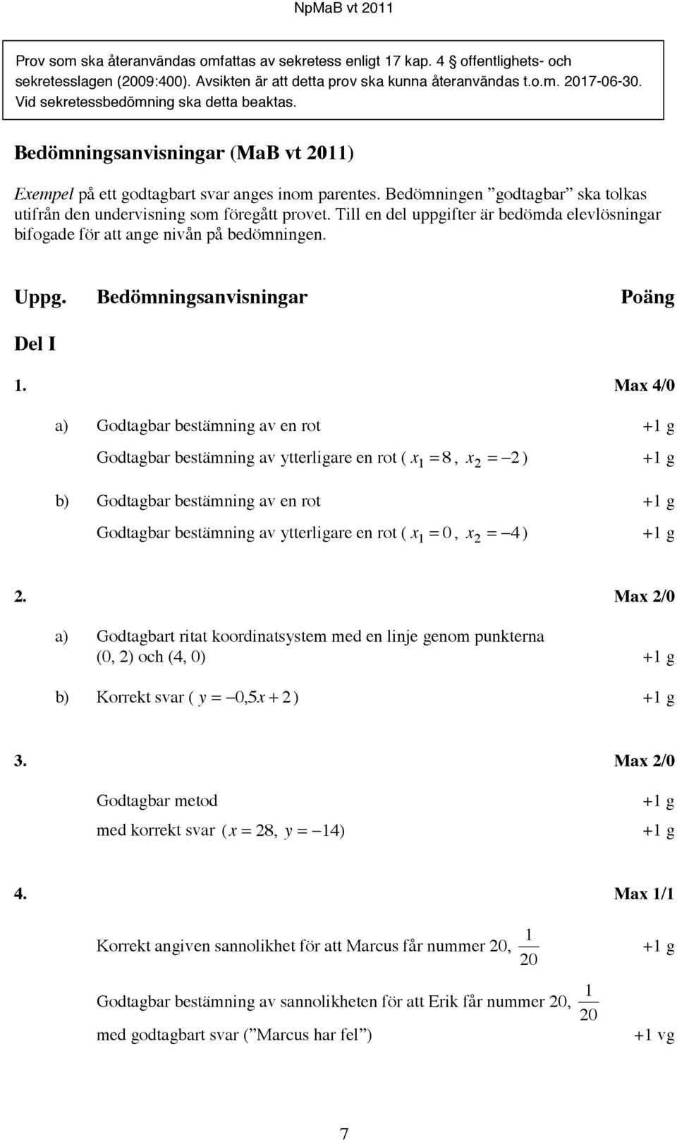 Bedömningen godtagbar ska tolkas utifrån den undervisning som föregått provet. Till en del uppgifter är bedömda elevlösningar bifogade för att ange nivån på bedömningen. Uppg.