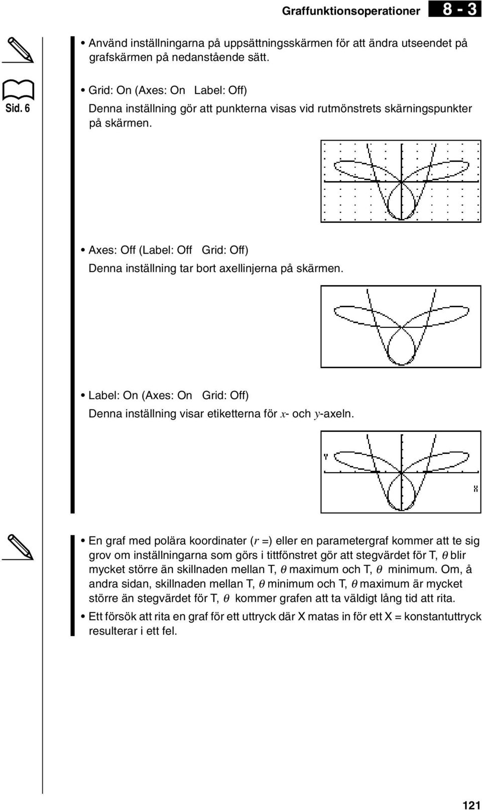 Axes: Off (Label: Off Grid: Off) Denna inställning tar bort axellinjerna på skärmen. Label: On (Axes: On Grid: Off) Denna inställning visar etiketterna för x- och y-axeln.