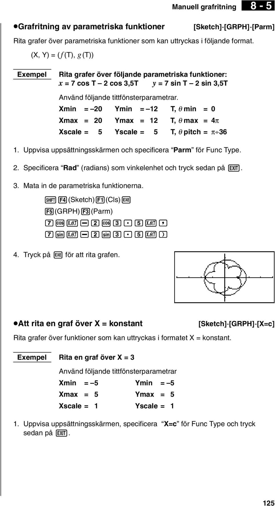 Xmin = 20 Ymin = 12 T, θ min = 0 Xmax = 20 Ymax = 12 T, θ max = 4π Xscale = 5 Yscale = 5 T, θ pitch = π 36 1. Uppvisa uppsättningsskärmen och specificera Parm för Func Type. 2. Specificera Rad (radians) som vinkelenhet och tryck sedan på J.