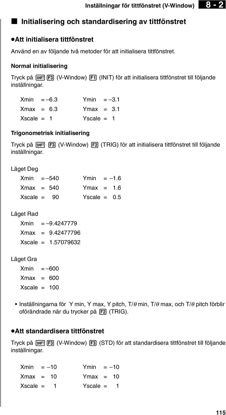 1 Xscale = 1 Yscale = 1 Trigonometrisk initialisering Inställningar för tittfönstret (V-Window) 8-2 Tryck på! 3 (V-Window) 2 (TRIG) för att initialisera tittfönstret till följande inställningar.