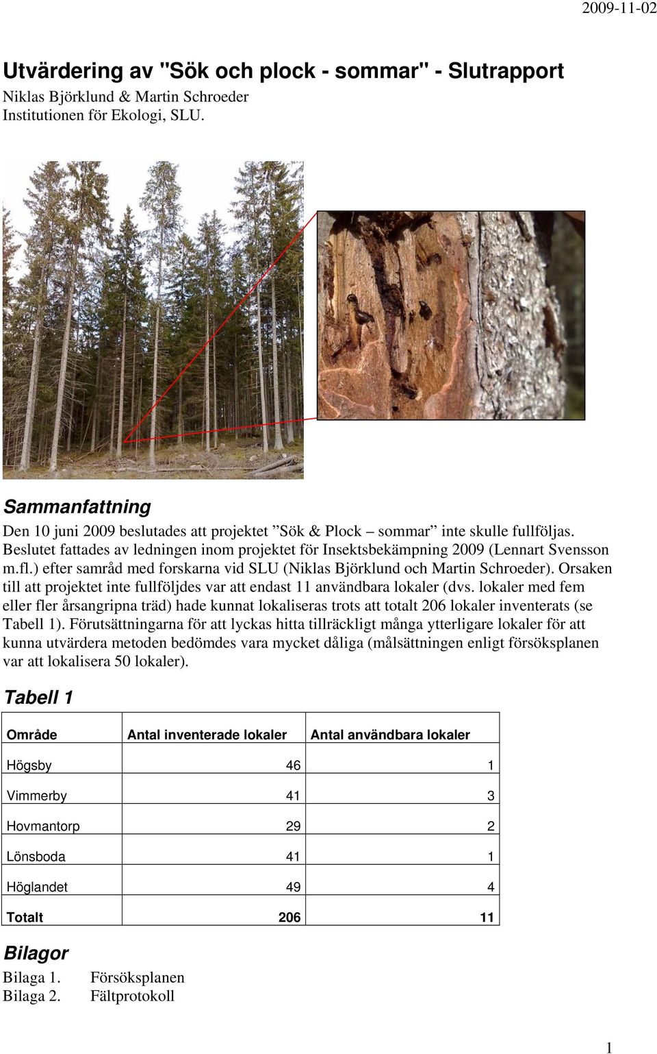 ) efter samråd med forskarna vid SLU (Niklas Björklund och Martin Schroeder). Orsaken till att projektet inte fullföljdes var att endast 11 användbara lokaler (dvs.