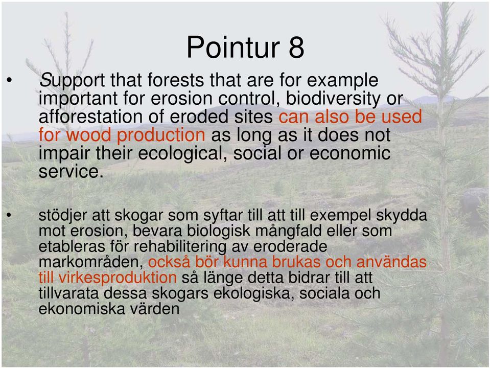 stödjer att skogar som syftar till att till exempel skydda mot erosion, bevara biologisk mångfald eller som etableras för rehabilitering av