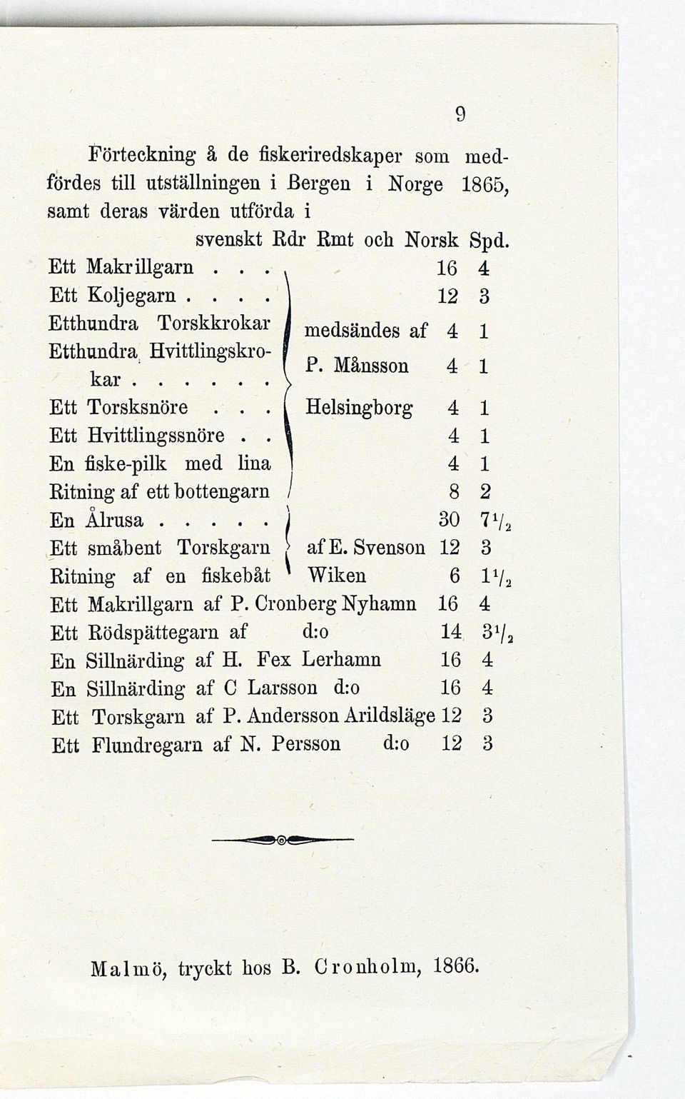 .. [ Helsingborg 4 1 Ett Hvittlingssnöre l 4 1 En fiske-pilk med lina i 4 1 Ritning af ett bottengarn! 8 2 En Ålrusa ) 30 7V a Ett småbent Torskgarn > af E.