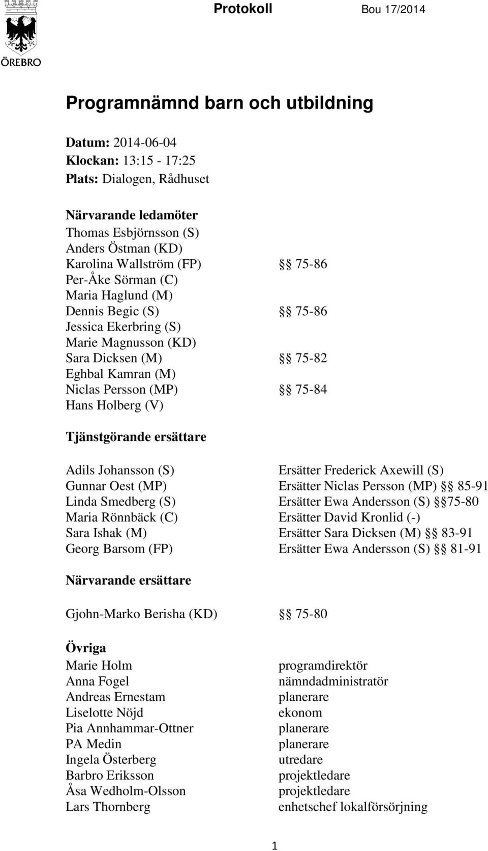 Holberg (V) Tjänstgörande ersättare Adils Johansson (S) Ersätter Frederick Axewill (S) Gunnar Oest (MP) Ersätter Niclas Persson (MP) 85-91 Linda Smedberg (S) Ersätter Ewa Andersson (S) 75-80 Maria