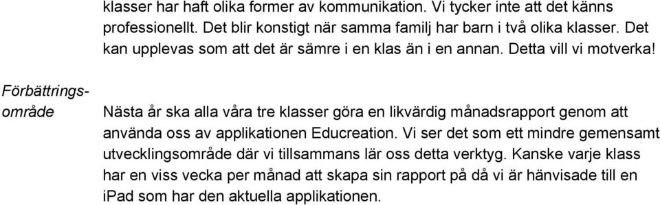 Förbättringsområde Nästa år ska alla våra tre klasser göra en likvärdig månadsrapport genom att använda oss av applikationen Educreation.