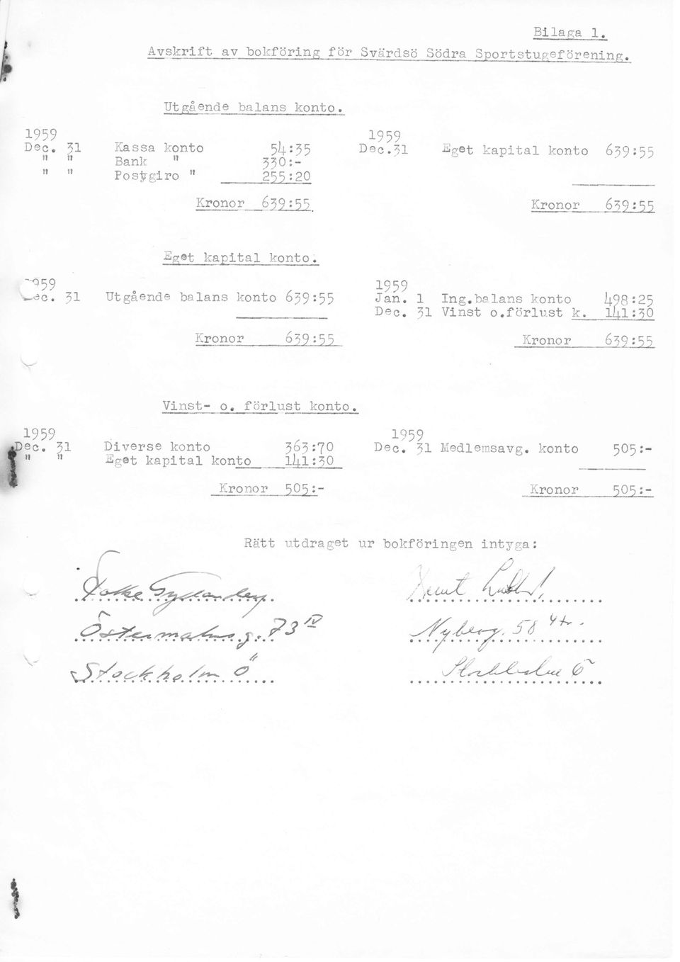 i H59 L.es. 1l \- Utgåend.e balans konto $9rr5 Kronor 6zg lrq 1959 Jan. Dec. 1 1t Ing.ba.lans konto l+9a rz5 Vlnst o.förlust k.