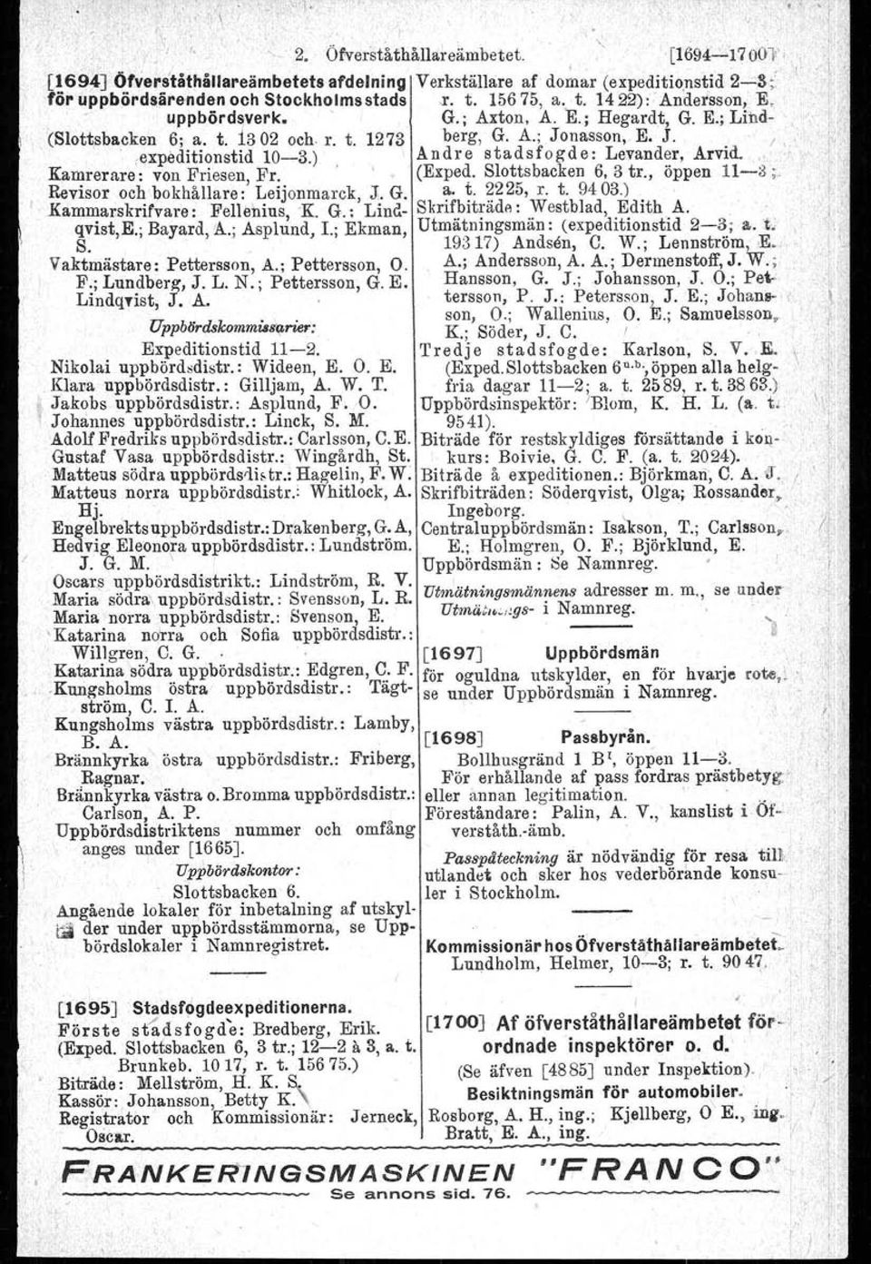 ", Kamrerare: von Friesen, Fr. '(Exped. Slotts backen 6,3 tr., öppen 11-3 j. Revisor och bokhållare:,leijonmarck, J. G. ~.~.?,225, r. t. 9403.).. Kammarskrifvare: Fellenius K. G.: Lind- Skrifbiträde : Westblad, Edith A.