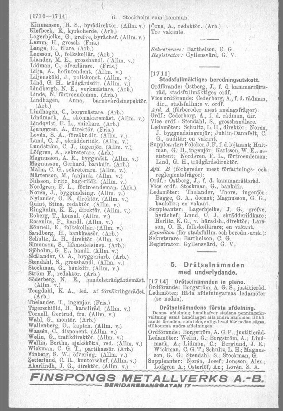 , poliskonst. (Allm, v.) Lind, G. H., trädgårdsdir. (Allm. v.) Lindbergh, N. K, verkmästare. (Arb.) Linde,. N,' förtroendeman. (Arb.) Lindhågen, (Arb.). Anna, barnavårdsinspektör.. Lindhagen, C.