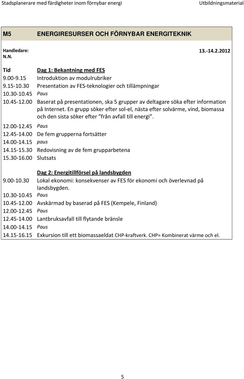 En grupp söker efter sol el, nästa efter solvärme, vind, biomassa och den sista söker efter från avfall till energi. 12.00 12.45 Paus 12.45 14.00 De fem grupperna fortsätter 14.00 14.15 paus 14.15 15.