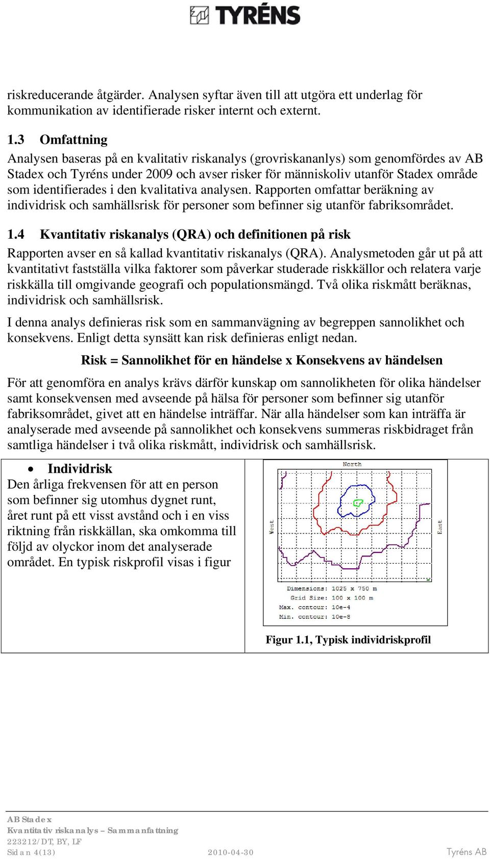 identifierades i den kvalitativa analysen. Rapporten omfattar beräkning av individrisk och samhällsrisk för personer som befinner sig utanför fabriksområdet. 1.