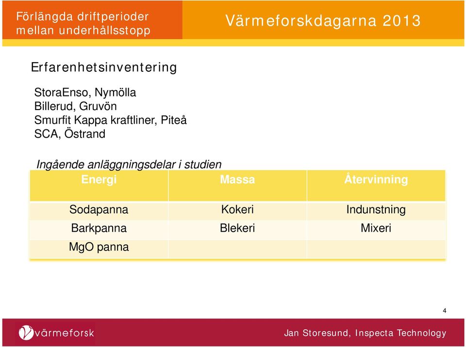 Ingående anläggningsdelar i studien Energi Massa