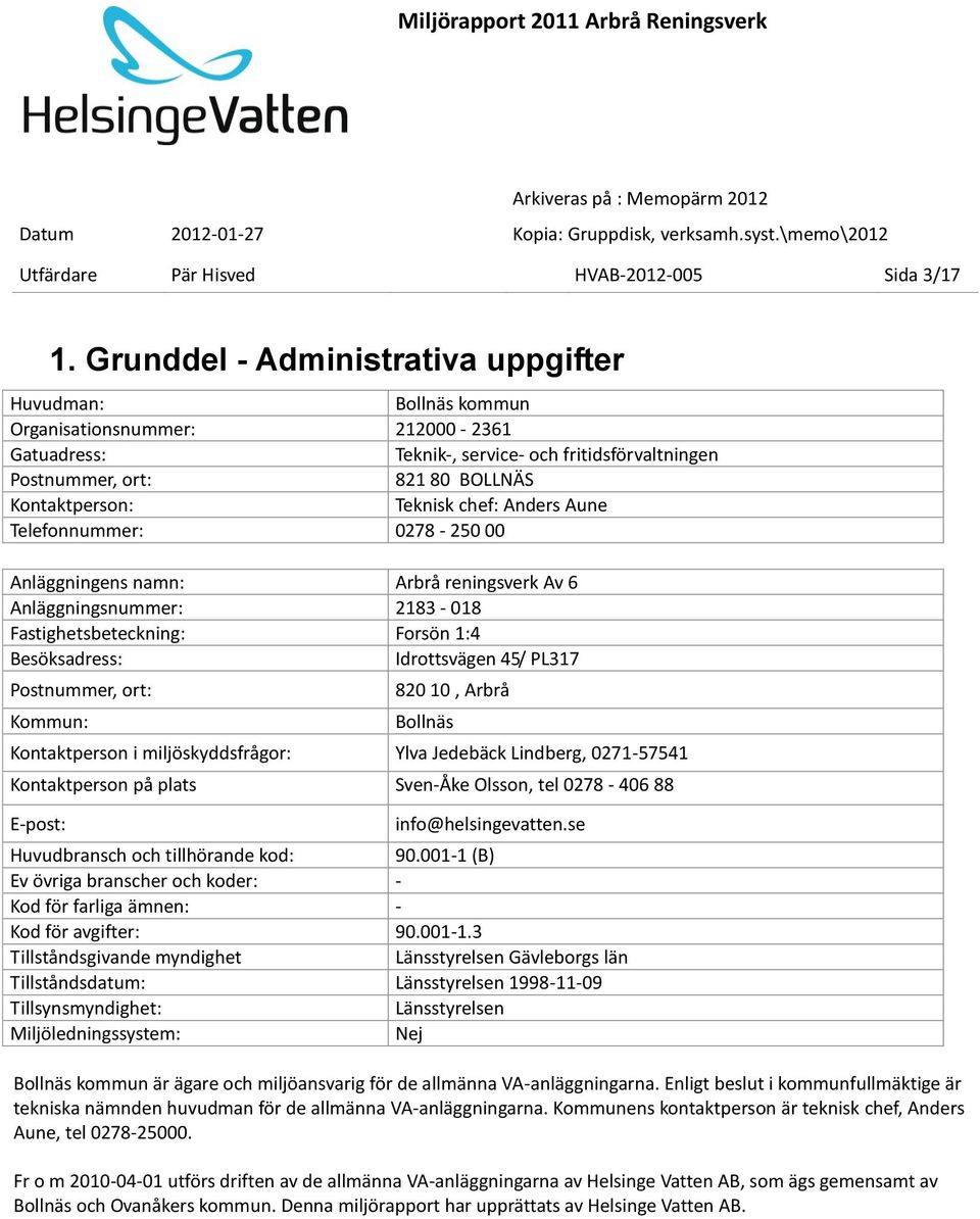 Teknisk chef: Anders Aune Telefonnummer: 0278-250 00 Anläggningens namn: Arbrå reningsverk Av 6 Anläggningsnummer: 2183-018 Fastighetsbeteckning: Forsön 1:4 Besöksadress: Idrottsvägen 45/ PL317