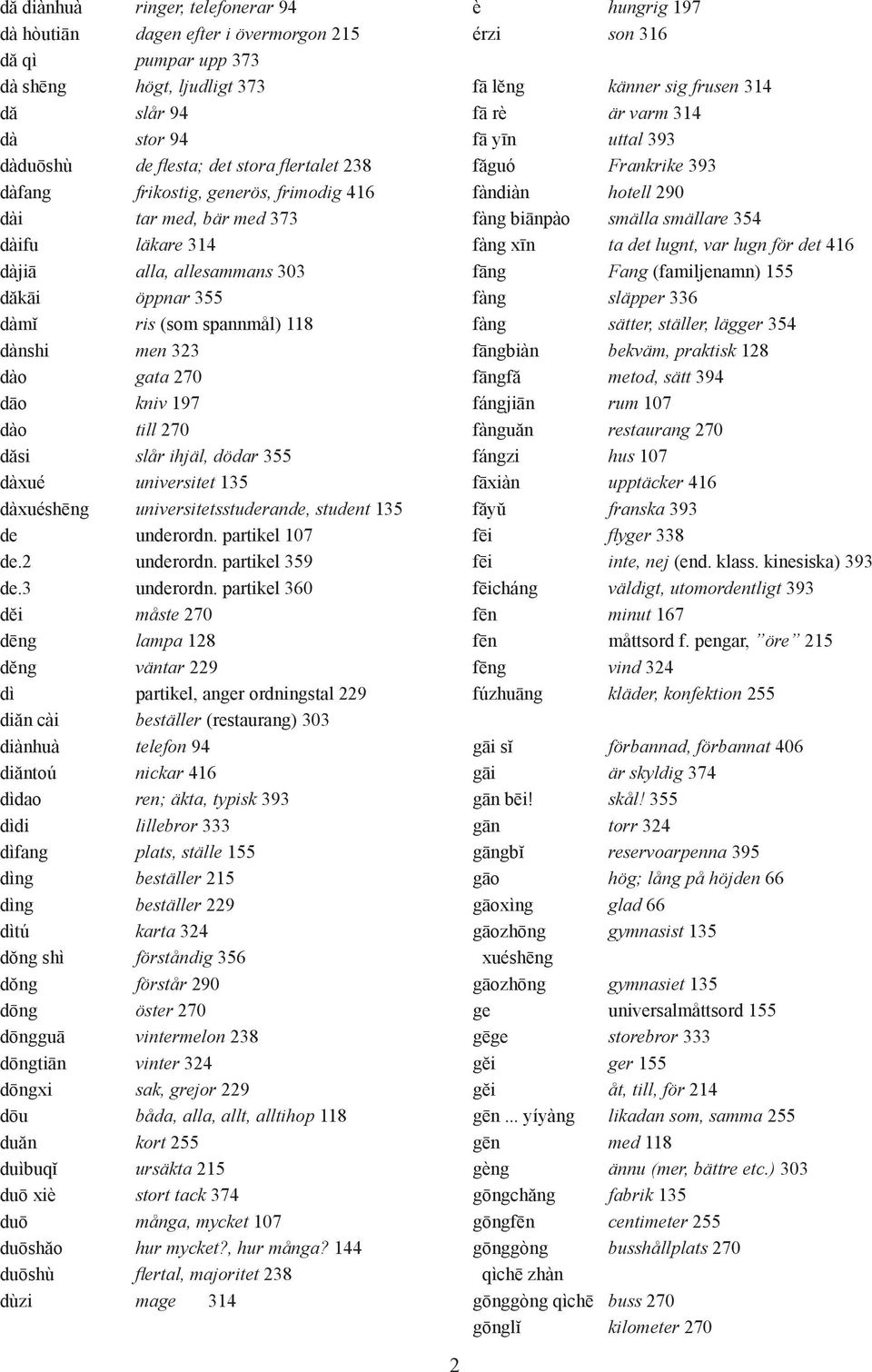 270 dăsi slår ihjäl, dödar 355 dàxué universitet 135 dàxuéshēng universitetsstuderande, student 135 de underordn. partikel 107 de.2 underordn. partikel 359 de.3 underordn.