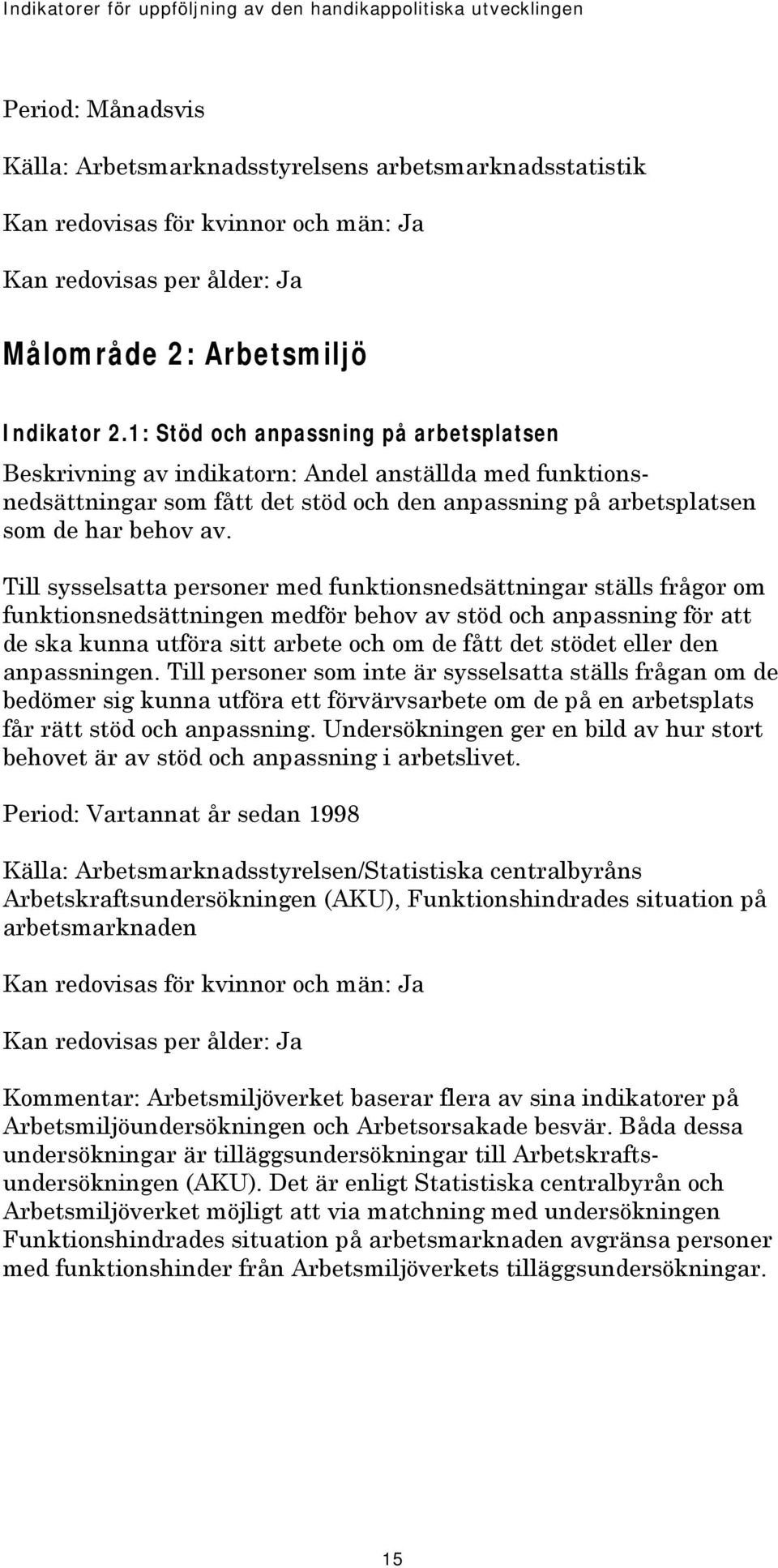 Till sysselsatta personer med funktionsnedsättningar ställs frågor om funktionsnedsättningen medför behov av stöd och anpassning för att de ska kunna utföra sitt arbete och om de fått det stödet