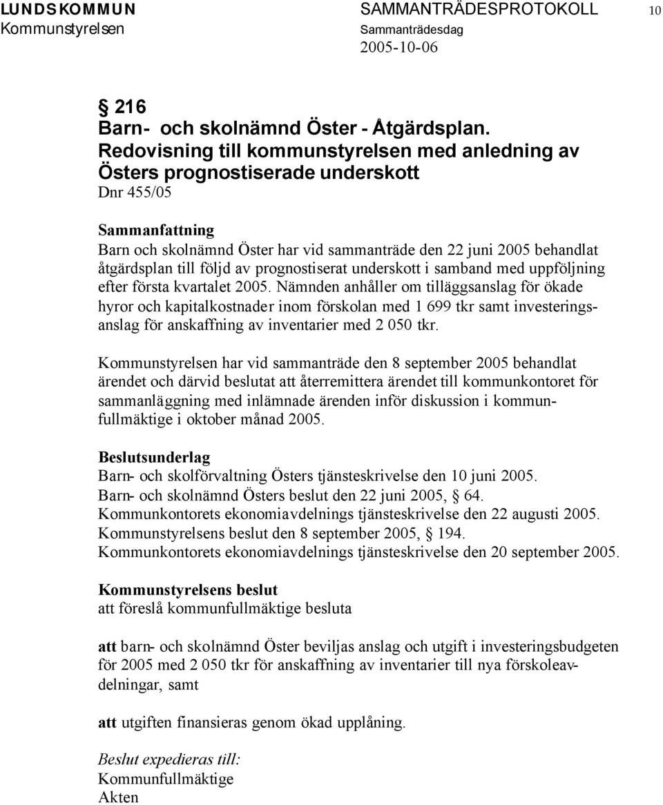 prognostiserat underskott i samband med uppföljning efter första kvartalet 2005.