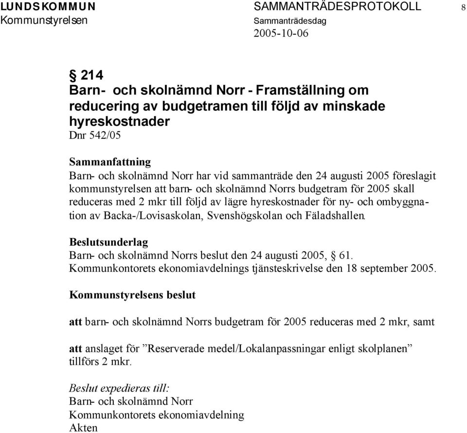 Backa-/Lovisaskolan, Svenshögskolan och Fäladshallen. Barn- och skolnämnd Norrs beslut den 24 augusti 2005, 61. Kommunkontorets ekonomiavdelnings tjänsteskrivelse den 18 september 2005.