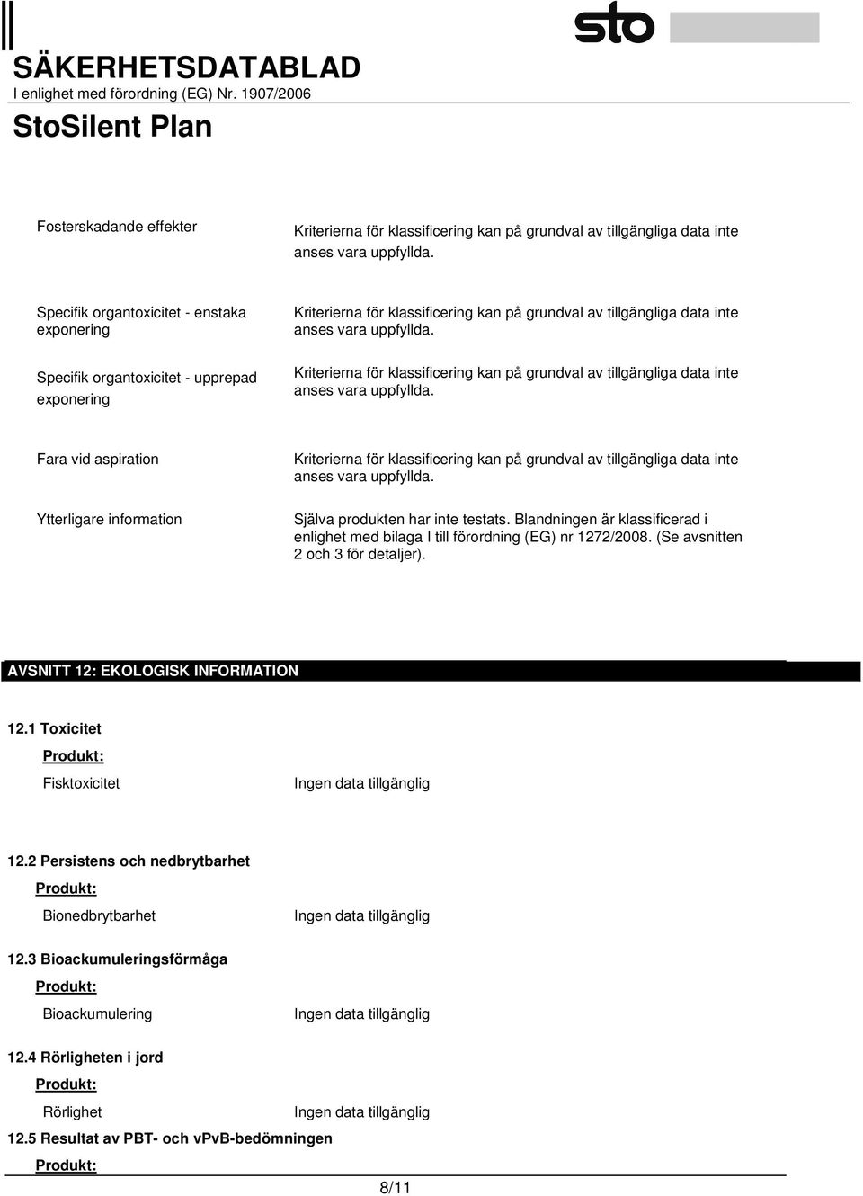 Blandningen är klassificerad i enlighet med bilaga I till förordning (EG) nr 1272/2008. (Se avsnitten 2 och 3 för detaljer).