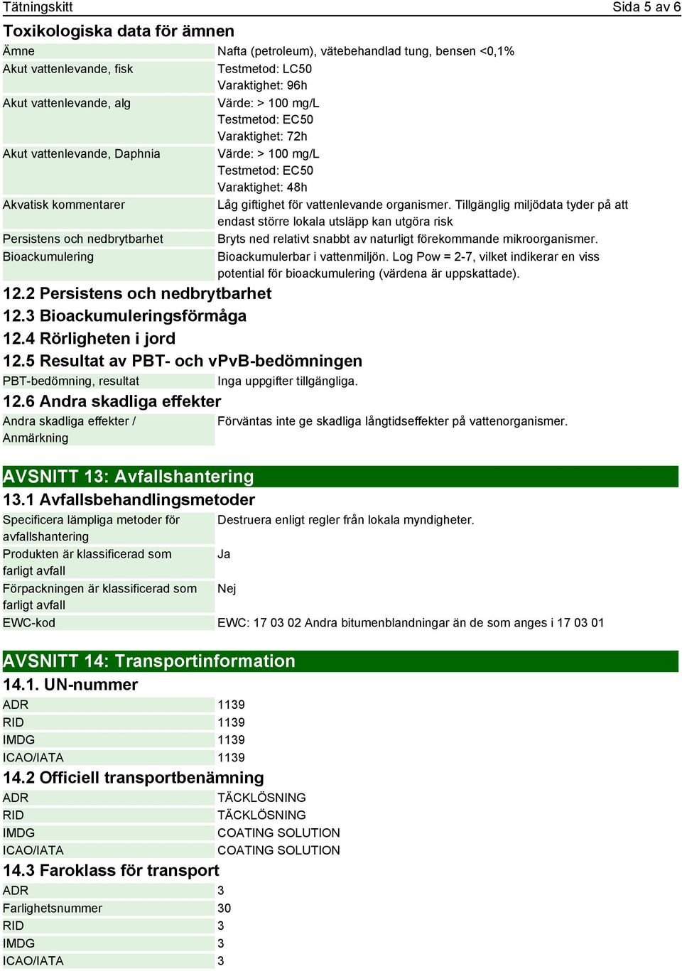 5 Resultat av PBT- och vpvb-bedömningen PBT-bedömning, resultat Inga uppgifter tillgängliga. 12.6 Andra skadliga effekter Andra skadliga effekter / Anmärkning AVSNITT 13: Avfallshantering 13.