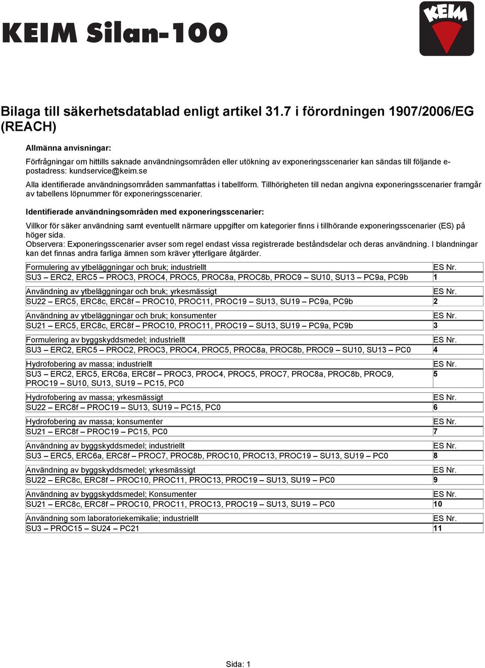 kundservice@keim.se Alla identifierade användningsområden sammanfattas i tabellform. Tillhörigheten till nedan angivna exponeringsscenarier framgår av tabellens löpnummer för exponeringsscenarier.