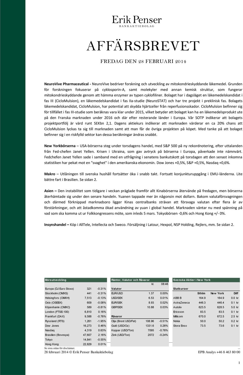 Bolaget har i dagsläget en läkemedelskandidat i fas III (CicloMulsion), en läkemedelskandidat i fas IIa-studie (NeuroSTAT) och har tre projekt i preklinisk fas.