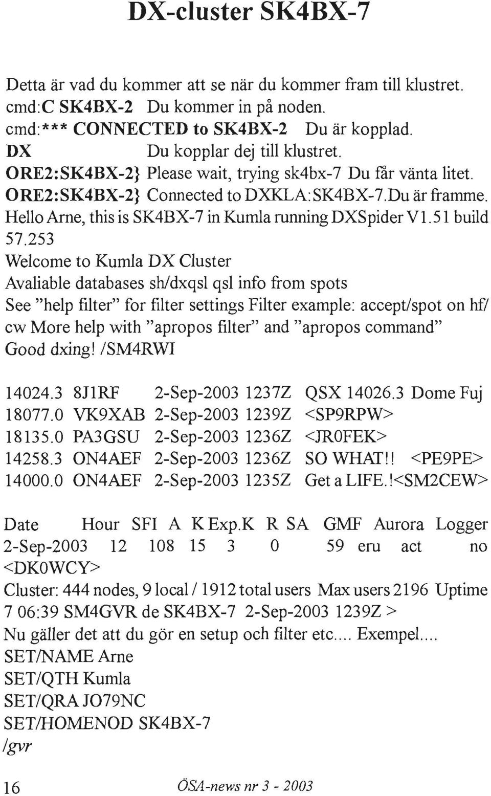 253 Welcome to Kumla DX Cluster Avaliable databases sh/dxqsl qsl info from spots See "help filter" for filter settings Filter example: accept/spot on hf/ cw More help with "apropos filter" and