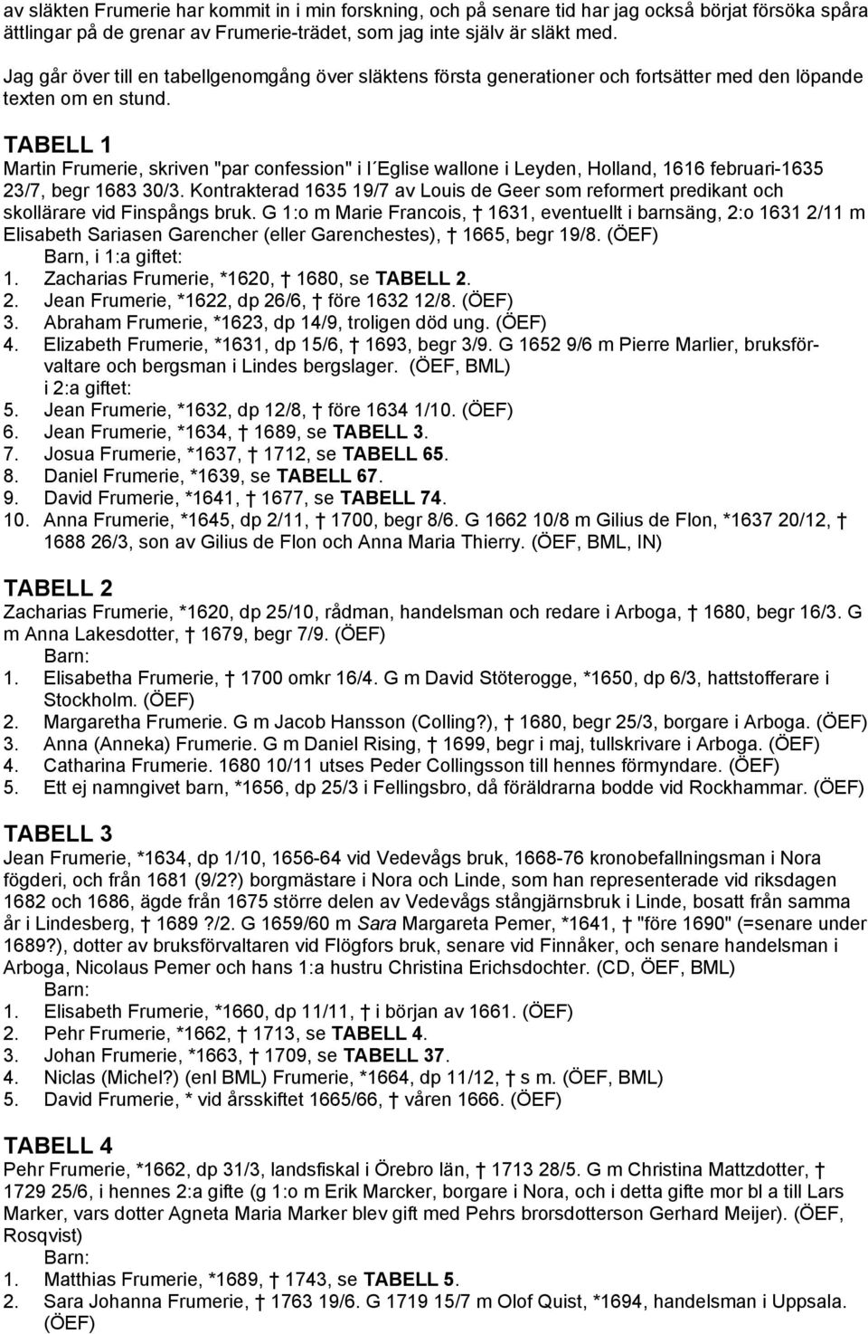 TABELL 1 Martin Frumerie, skriven "par confession" i l Eglise wallone i Leyden, Holland, 1616 februari-1635 23/7, begr 1683 30/3.