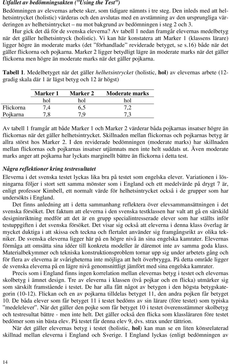 Hur gick det då för de svenska eleverna? Av tabell 1 nedan framgår elevernas medelbetyg när det gäller helhetsintryck (holistic).