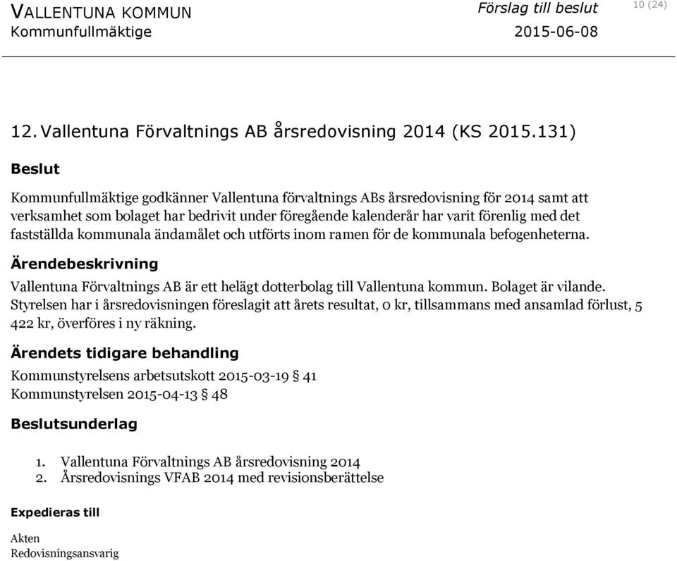 fastställda kommunala ändamålet och utförts inom ramen för de kommunala befogenheterna. Vallentuna Förvaltnings AB är ett helägt dotterbolag till Vallentuna kommun. Bolaget är vilande.