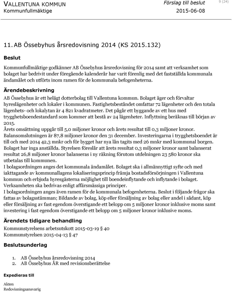 ändamålet och utförts inom ramen för de kommunala befogenheterna. AB Össebyhus är ett helägt dotterbolag till Vallentuna kommun. Bolaget äger och förvaltar hyreslägenheter och lokaler i kommunen.