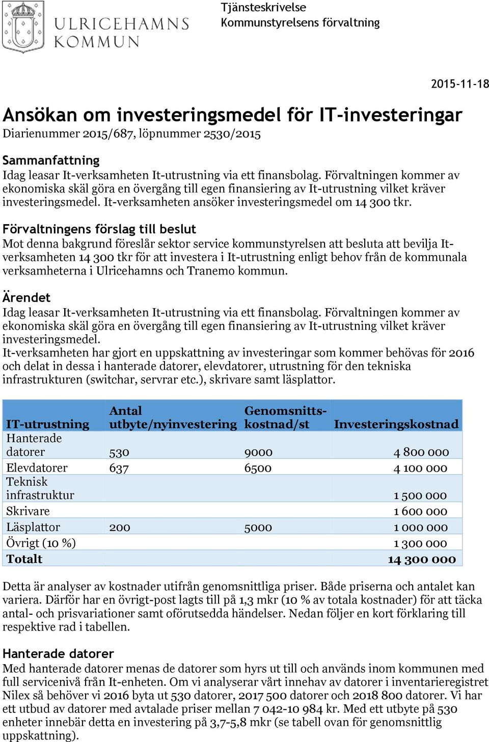 Förvaltningens förslag till beslut Mot denna bakgrund föreslår sektor service kommunstyrelsen att besluta att bevilja Itverksamheten 14 300 tkr för att investera i It-utrustning enligt behov från de