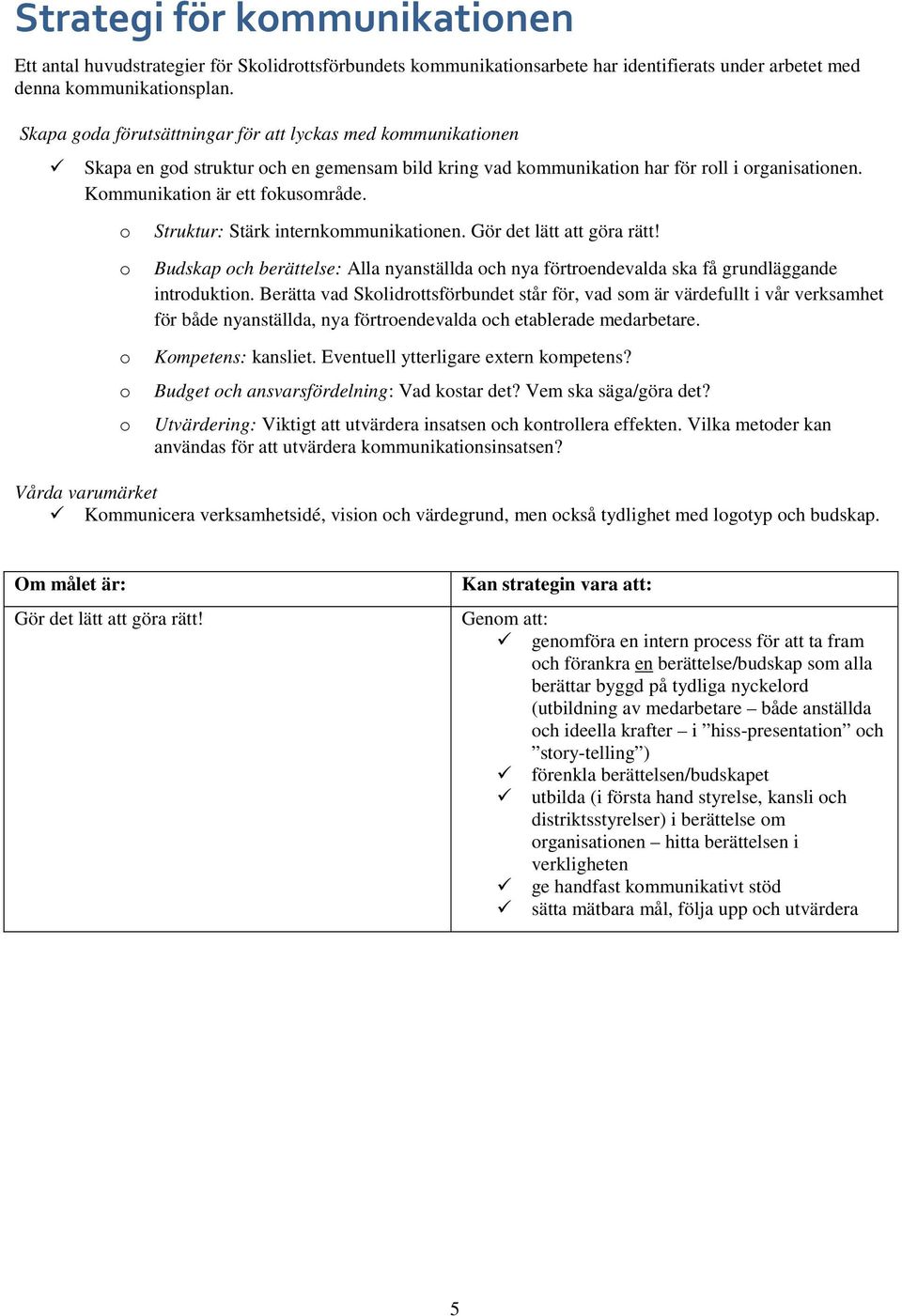 o o o o o Struktur: Stärk internkommunikationen. Gör det lätt att göra rätt! Budskap och berättelse: Alla nyanställda och nya förtroendevalda ska få grundläggande introduktion.