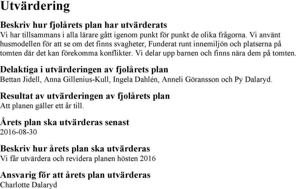 Vi delar upp barnen och finns nära dem på tomten. Delaktiga i utvärderingen av fjolårets plan Bettan Jidell, Anna Gillenius-Kull, Ingela Dahlén, Anneli Göransson och Py Dalaryd.