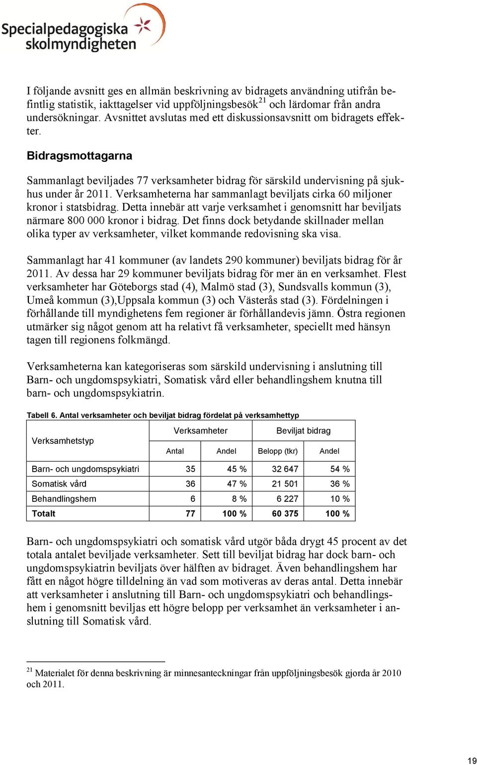 Verksamheterna har sammanlagt beviljats cirka 60 miljoner kronor i statsbidrag. Detta innebär att varje verksamhet i genomsnitt har beviljats närmare 800 000 kronor i bidrag.