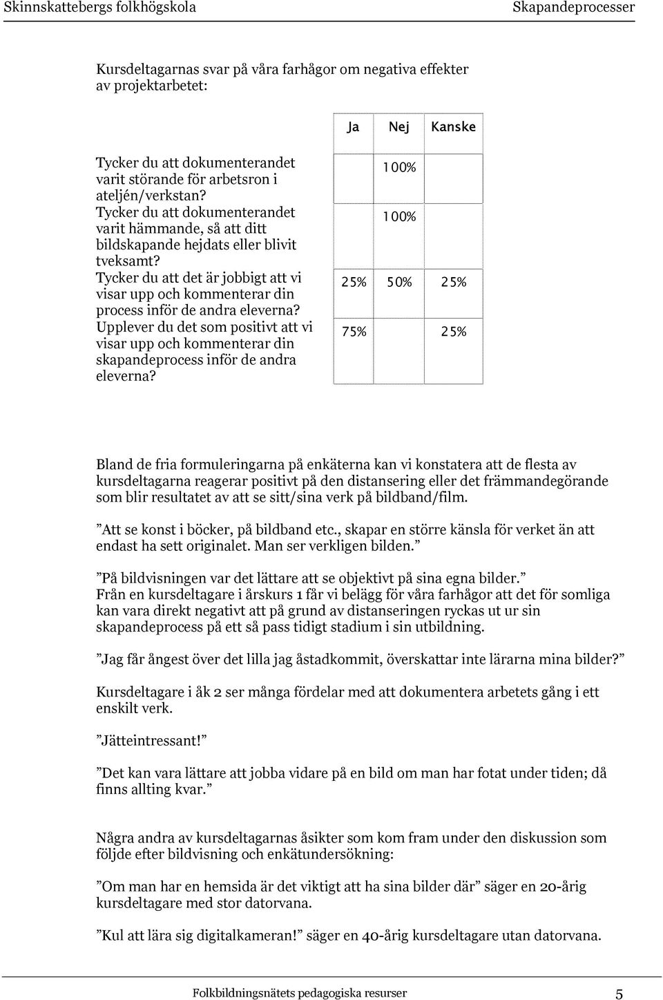 Upplever du det som positivt att vi visar upp och kommenterar din skapandeprocess inför de andra eleverna?