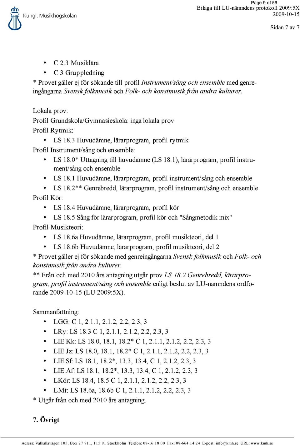 Lokala prov: Profil Grundskola/Gymnasieskola: inga lokala prov Profil Rytmik: LS 18.3 Huvudämne, lärarprogram, profil rytmik Profil Instrument/sång och ensemble: LS 18.