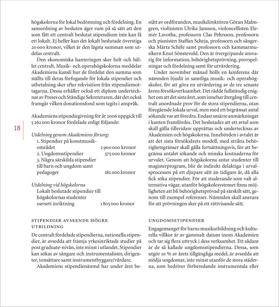Musik- och operahögskolorna meddelar Akademiens kansli hur de fördelat den summa som ställts till deras förfogande för lokala stipendier och utbetalning sker efter rekvisition från