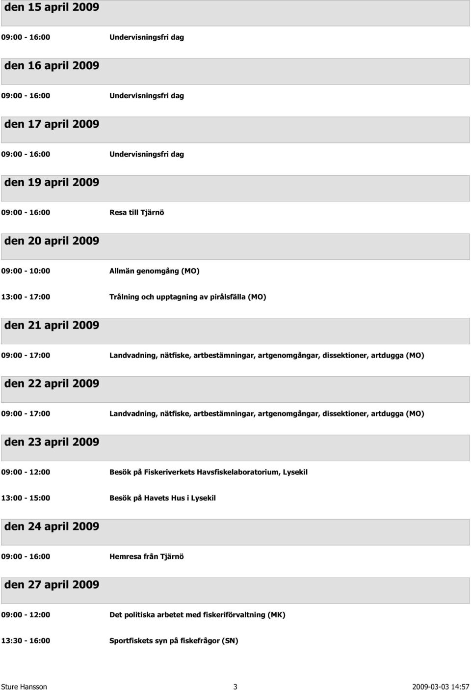 artbestämningar, artgenomgångar, dissektioner, artdugga (MO) den 23 april 2009 09:00-12:00 Besök på Fiskeriverkets Havsfiskelaboratorium, Lysekil 13:00-15:00 Besök på Havets Hus i Lysekil