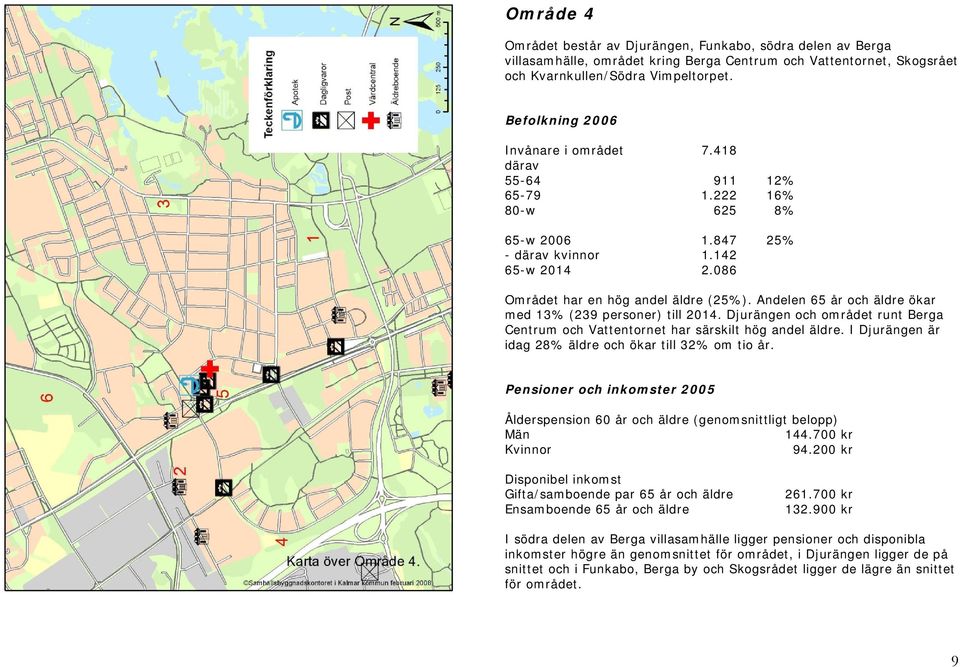 Andelen 65 år och äldre ökar med 13% (239 personer) till 2014. Djurängen och området runt Berga Centrum och Vattentornet har särskilt hög andel äldre.