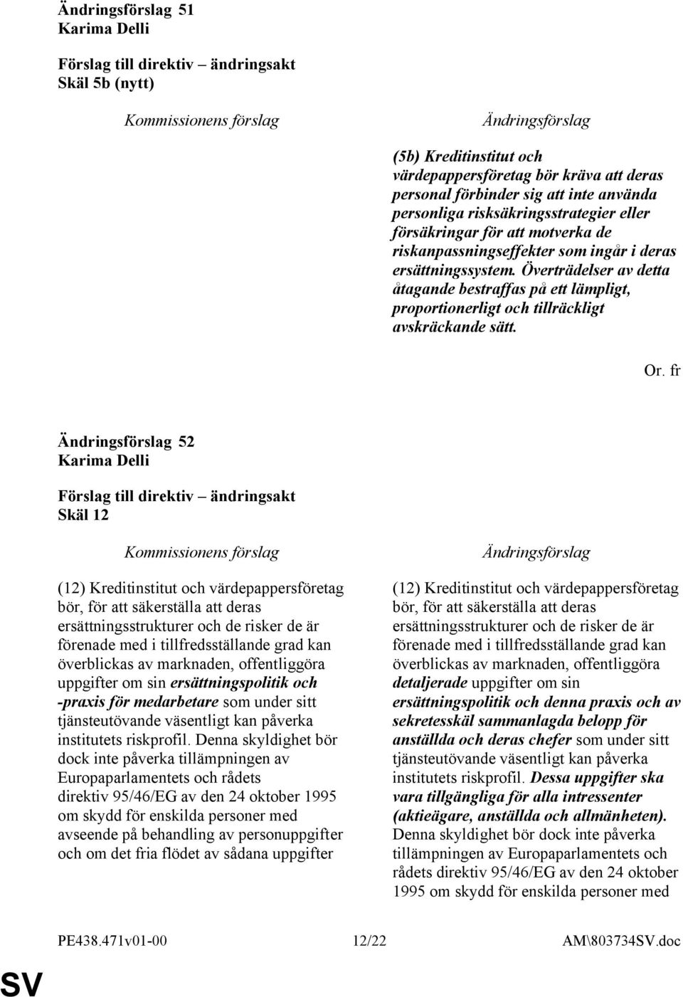 52 Skäl 12 (12) Kreditinstitut och värdepappersföretag bör, för att säkerställa att deras ersättningsstrukturer och de risker de är förenade med i tillfredsställande grad kan överblickas av